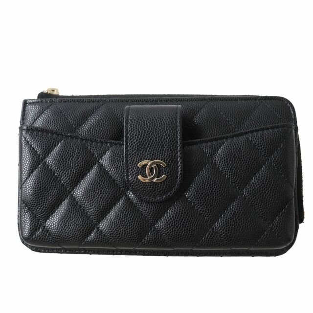 極美品◎伊製 CHANEL シャネル 31番台 タイムレスクラシック ココマーク キャビアスキン マトラッセ スマホケース付長財布 黒×金 箱・袋付