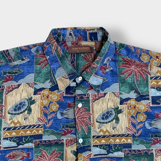 【Tori Richard】ハワイ製 アロハシャツ 柄シャツ 亀 花 魚 XL