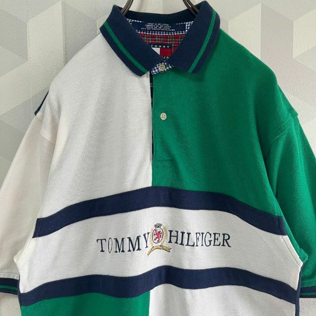 TOMMY HILFIGER(トミーヒルフィガー)の【90s オールド トミーヒルフィガー】XL 刺繍ロゴ 切り替え ポロシャツ 緑 メンズのトップス(ポロシャツ)の商品写真