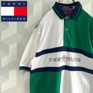 トミーヒルフィガー(TOMMY HILFIGER)の【90s オールド トミーヒルフィガー】XL 刺繍ロゴ 切り替え ポロシャツ 緑(ポロシャツ)