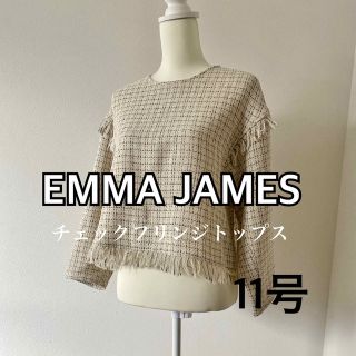 エマジェイム(EMMAJAMES)のEMMA JAMES エマジェームス チェックフリンジトップス 11号 ホワイト(カットソー(長袖/七分))