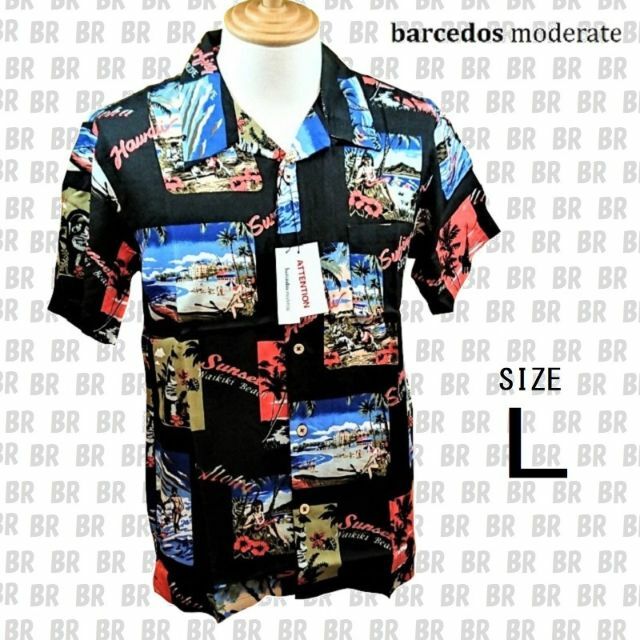 BARCEDOS(バルセドス)の新品　Ｌ　ブラック　レーヨン　アロハシャツ　ワイキキ柄　プリント メンズのトップス(シャツ)の商品写真