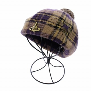 ヴィヴィアンウエストウッド(Vivienne Westwood)のヴィヴィアンウエストウッド ベレー帽 ニット帽 チェック M ベージュ 紫(ハンチング/ベレー帽)