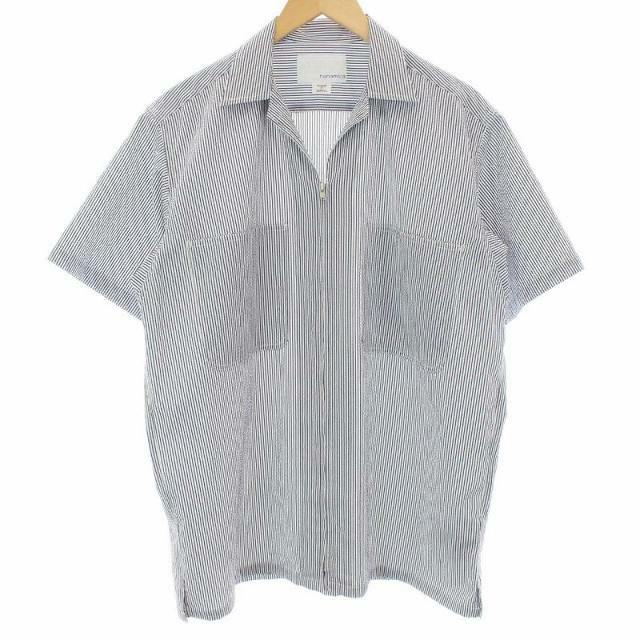 nanamica シャツ オープンカラー 半袖 ストライプ ジップアップ S 白