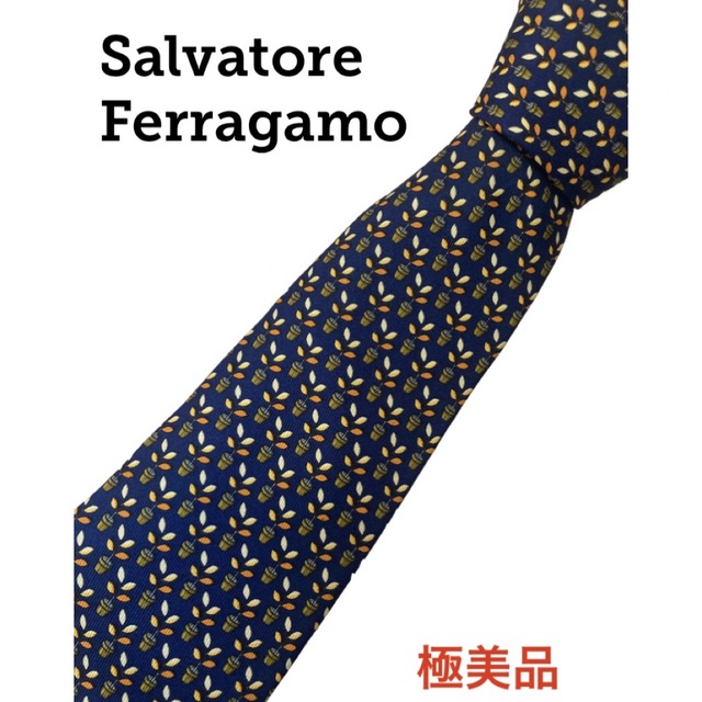 フェラガモ ブラック 植物柄 レギュラー 総柄 ネクタイ Ferragamo