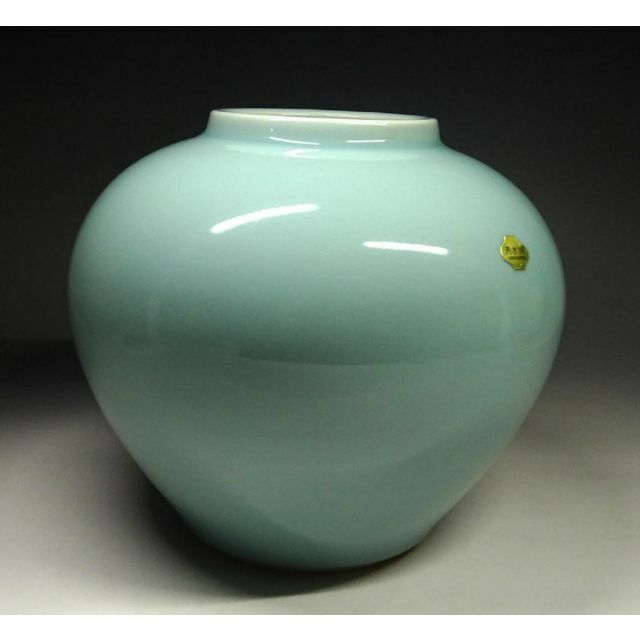 清水焼 富田幸治郎 青磁 花瓶 壺 直径約21.5cm 共布 共箱 t08104の通販