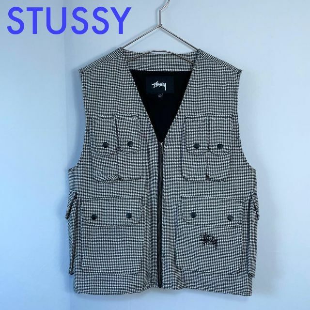 STUSSY(ステューシー)の美品 STUSSY ステューシー ワークベスト 千鳥格子 黒×白 チェック S メンズのトップス(ベスト)の商品写真