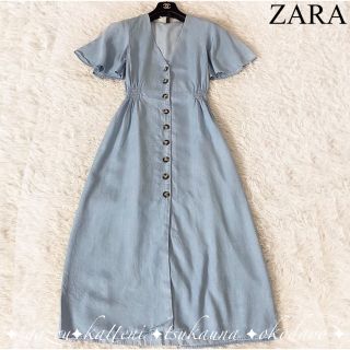 ザラ(ZARA)のZARA ザラ シャツワンピース ロング 半袖 フレア　Aライン ブルー(ロングワンピース/マキシワンピース)