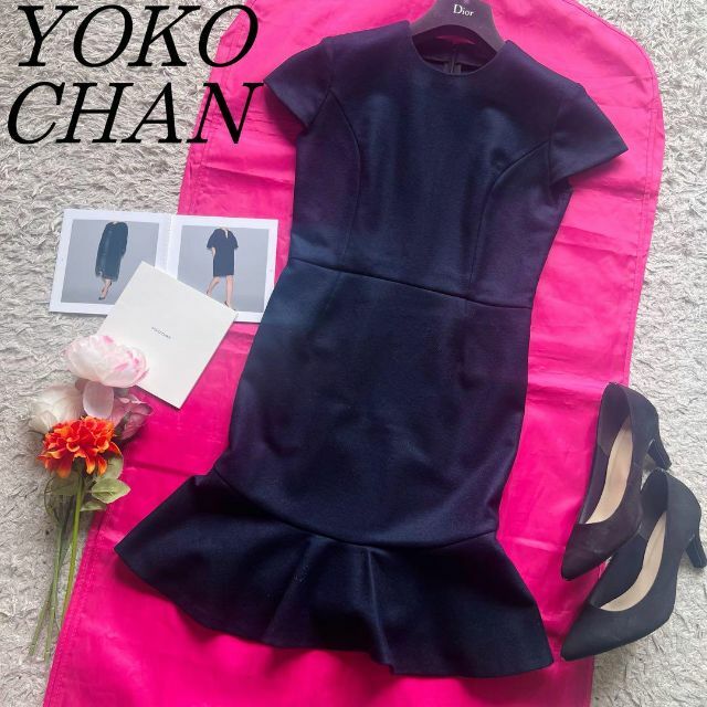 YOKO CHAN - 【美品】YOKO CHAN 膝丈ワンピース フレア ネイビー 半袖 ...