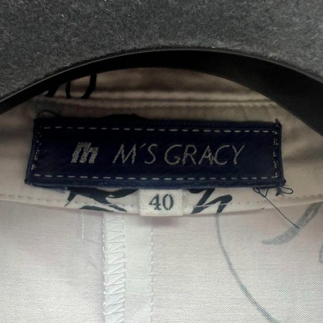 【良品】M'S GRACY 総柄シャツワンピース ホワイト リボン 40 襟