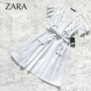 ザラ(ZARA)の【新品】ZARA ザラ コットン シャツ ワンピース ドレス フリルスリーブ 白(ひざ丈ワンピース)