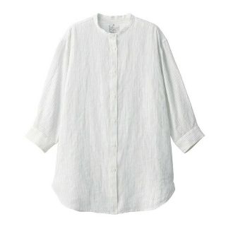 ムジルシリョウヒン(MUJI (無印良品))の■新品■  無印良品 ヘンプ洗いざらし七分袖チュニック／アイボリーストライプ／Ｌ(チュニック)