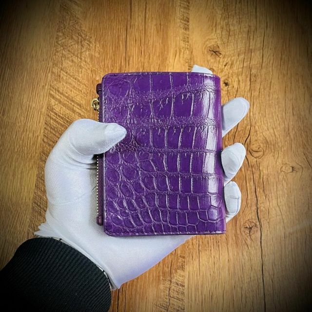 クロコダイル 折財布 二つ折り ワニ革 ハンドメイド 証明書付 パープル 紫 2