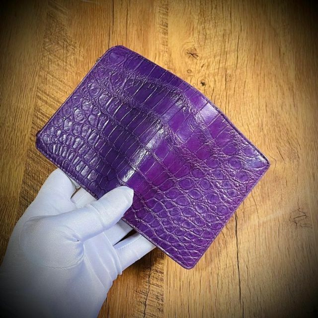 クロコダイル 折財布 二つ折り ワニ革 ハンドメイド 証明書付 パープル 紫 3