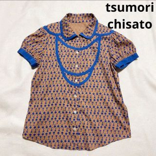 ツモリチサト(TSUMORI CHISATO)の美品　ツモリチサト　パフスリーブ　ねこ　総柄　ねこボタン　コットン　ブラウス(シャツ/ブラウス(半袖/袖なし))