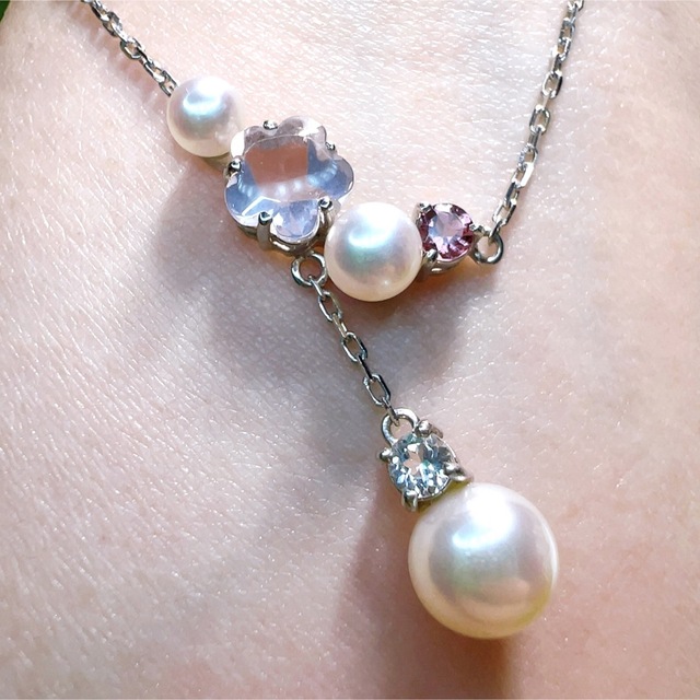 k18WG アコヤ真珠とローズクォーツ、サファイア等の可愛いネックレス