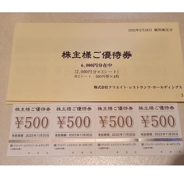 最新 クリエイト・レストランツ 株主優待 24000円分 23/11末まで