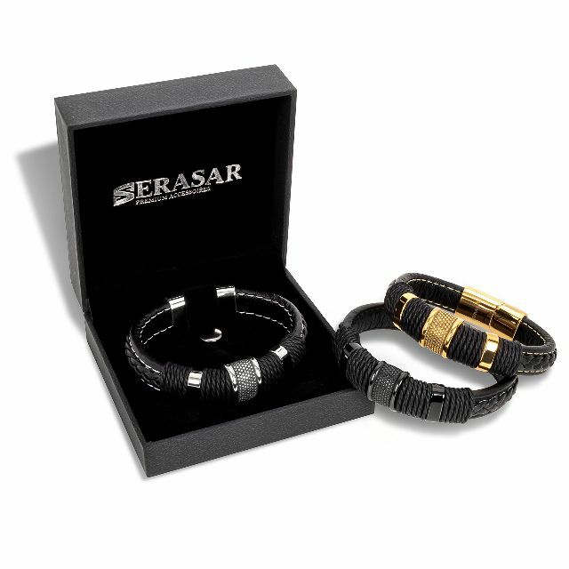 【色: シルバー】SERASAR | メンズブラックム本革ブレスレットRing|