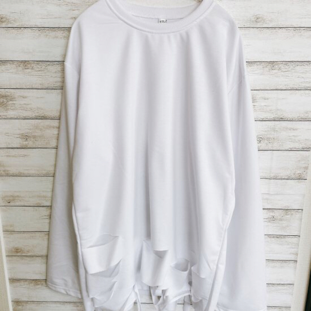 春夏 モード系 シンプル ダメージ オーバーサイズ ロンT 白 メンズ メンズのトップス(Tシャツ/カットソー(七分/長袖))の商品写真