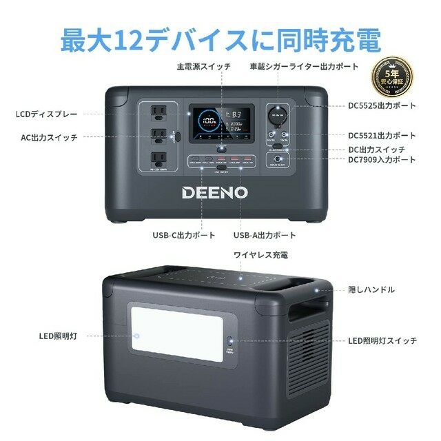 Deeno ポータブル電源 1500W (瞬間最大3000W) 1036Wh 6