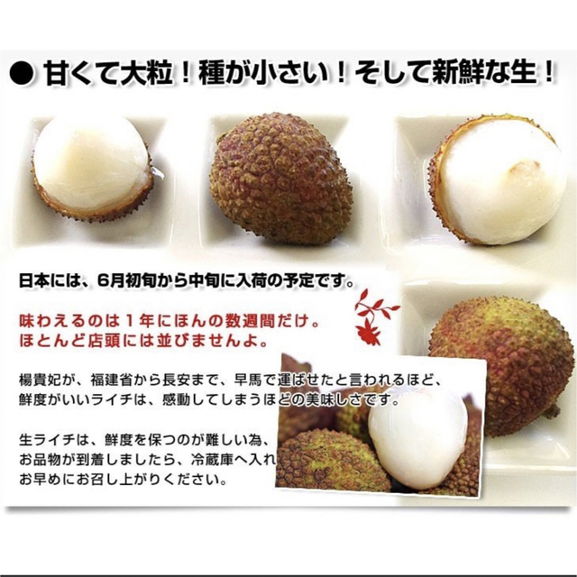 台湾から直輸入 高級 生ライチ 《玉荷包(ぎょっかほう)》 約500g 食品/飲料/酒の食品(フルーツ)の商品写真