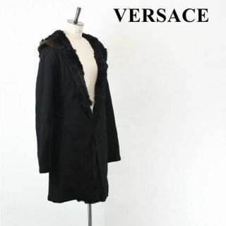 【限定価格】Gianni Versace ジャンニ・ヴェルサーチ コート ファー アパレル 冬  服 アウター ノーカラーコート L ブラック 黒 イエロー ウール  アンゴラ   レディース【品】