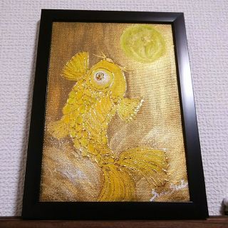 額付き風水開運絵画＊月夜鯉～ツキよ来い～金箔　金運　飛躍　上昇　円満　箔が付く(アート/写真)