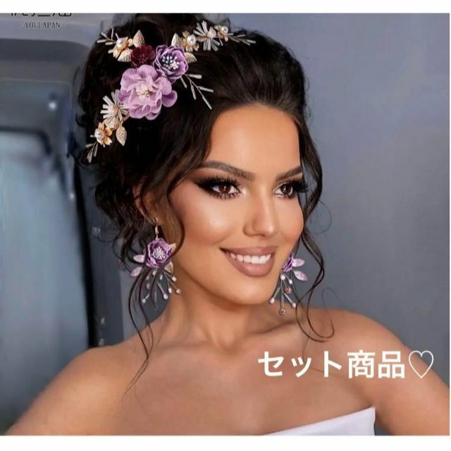 ヘアアクセピアスセットドレススタイル造花豪華おそろいドレス結婚式衣装ステージ人気 レディースのヘアアクセサリー(その他)の商品写真