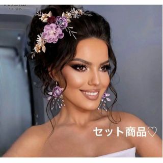 ヘアアクセピアスセットドレススタイル造花豪華おそろいドレス結婚式衣装ステージ人気(その他)