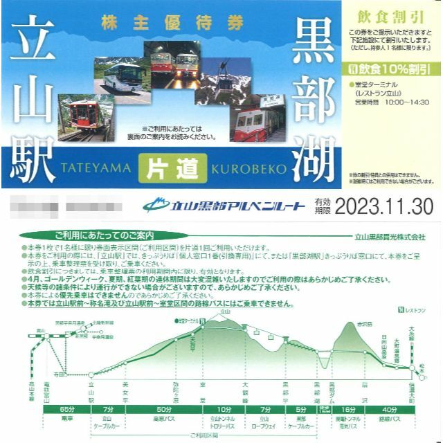 立山黒部貫光 立山黒部アルペンルート 片道乗車券(2枚) 23.11.30迄チケット