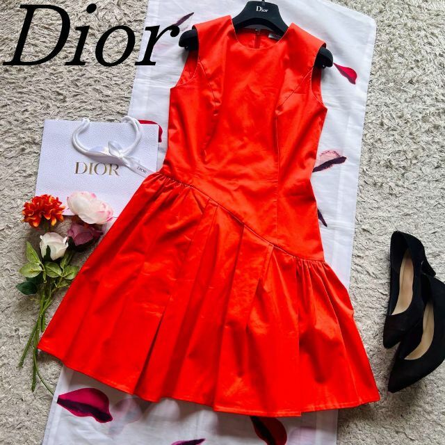 【良品】Christian Dior フレアワンピース レッド ノースリーブ素材コットンポリウレタン