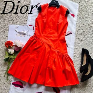 クリスチャンディオール(Christian Dior)の【良品】Christian Dior フレアワンピース レッド ノースリーブ(ひざ丈ワンピース)