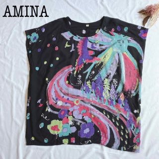 チャイハネ(チャイハネ)の美品 AMINA アミナ カットソー シャツ 袖なし 大きい ざっくり 鳥 花(Tシャツ(半袖/袖なし))