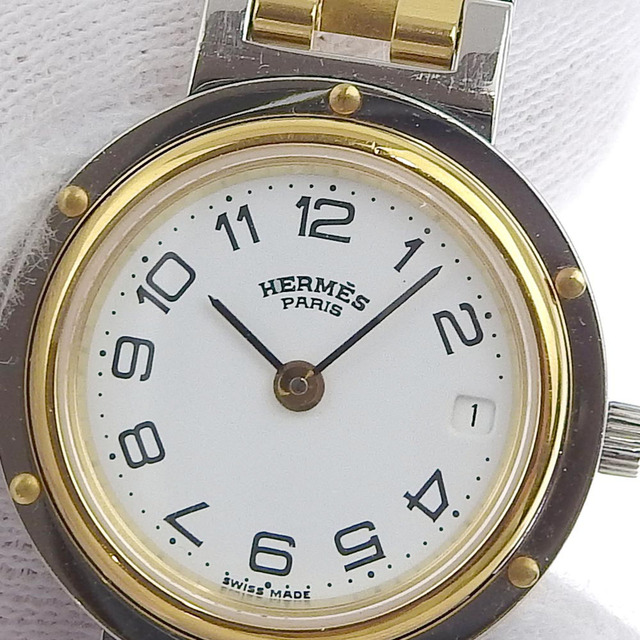 電池交換済 HERMES エルメス クリッパー CP1.310.230 / 4966 デイト グレー SS ステンレス レディース クォーツ【6ヶ月保証】【腕時計】