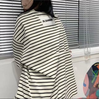 極美品 JIL SANDER+ ジルサンダー ボーダー ロゴパッチ Tシャツ S