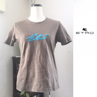 エトロ(ETRO)のETRO 半袖　クルーネック　刺繍ロゴ　Tシャツカットソー　カーキブラウン　M(Tシャツ/カットソー(半袖/袖なし))