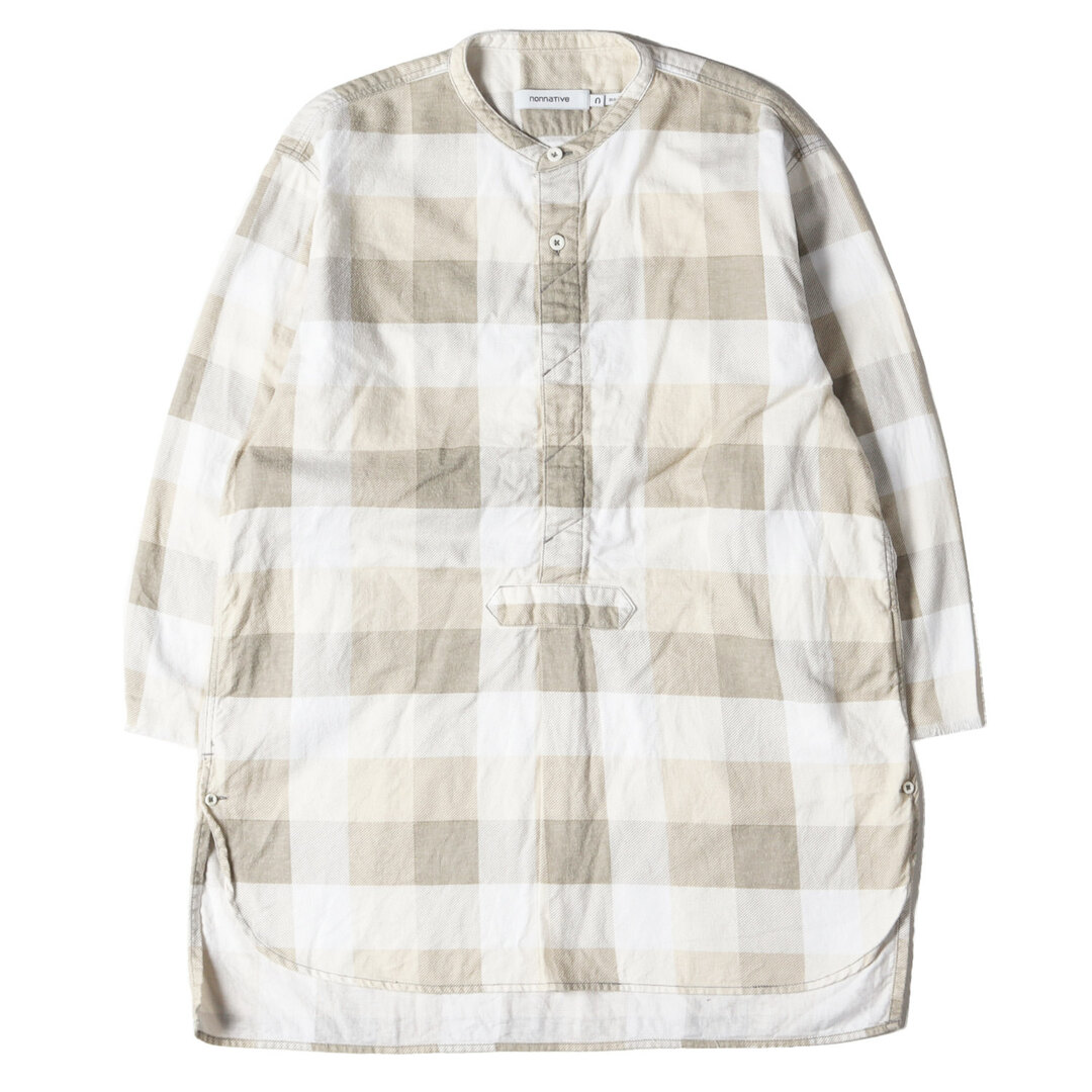 NONNATIVE ノンネイティブ シャツ サイズ:0 バンドカラー プルオーバー チェック ネルシャツ 七分袖 長袖 ノーカラー MASTER PULLOVER SHIRT Q/S COTTON NEL BLOCK CHECK PRINTED 17SS サンド ホワイト トップス ストリート カジュアル 【メンズ】【K3741】