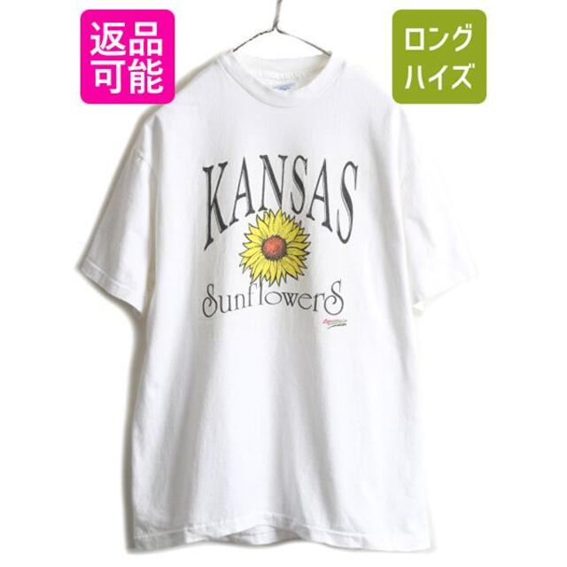 90s USA製 ひまわり アート プリントTシャツ L 白 シングルステッチメンズ