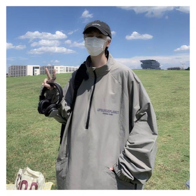 韓国 メンズ 春夏 プルオーバー ブルゾン ウインドブレーカー 長袖 カーキ メンズのジャケット/アウター(ブルゾン)の商品写真