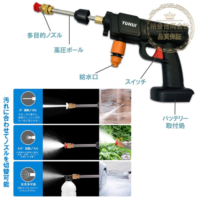 高圧洗浄機 充電式 コードレス バッテリー2個付き吐出圧力2.4Mpa 強力噴射使用温度範囲