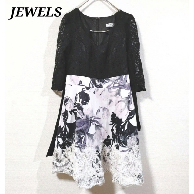 JEWELS(ジュエルズ)のJEWELS 袖レース 水彩 花柄 切替 フレアワンピース レディースのワンピース(ひざ丈ワンピース)の商品写真