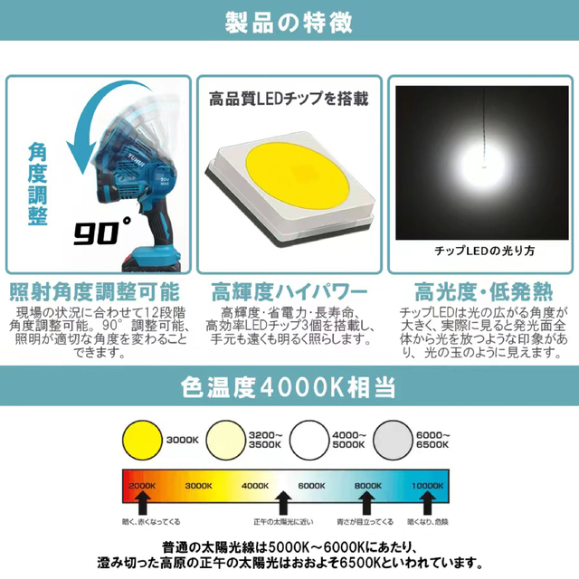 充電式ワークライト 懐中電灯 作業灯 高輝度 ライト/ランタン