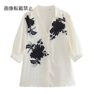 💚5月新作🦄11401◇モノトーン フラワー 花柄 シャツ ブラウス (シャツ/ブラウス(半袖/袖なし))