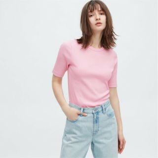 ユニクロ(UNIQLO)のユニクロ⭐リブクルーネックT⭐5分袖⭐ピンク⭐Lサイズ(カットソー(半袖/袖なし))