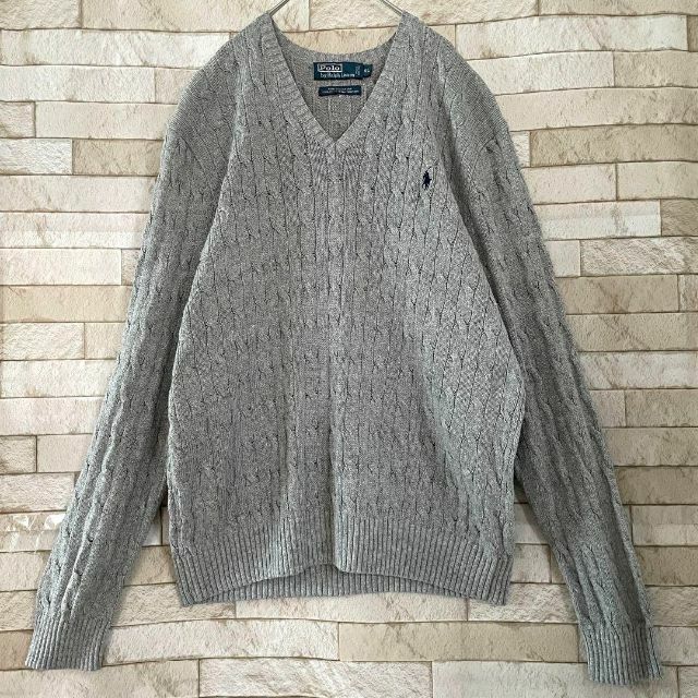 ラルフローレン ニット ケーブル ポニー刺繍 シルク グレー XL