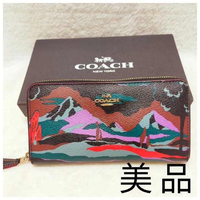 美品 コーチ COACH ラウンドファスナー 長財布 レア 山柄 マウンテン