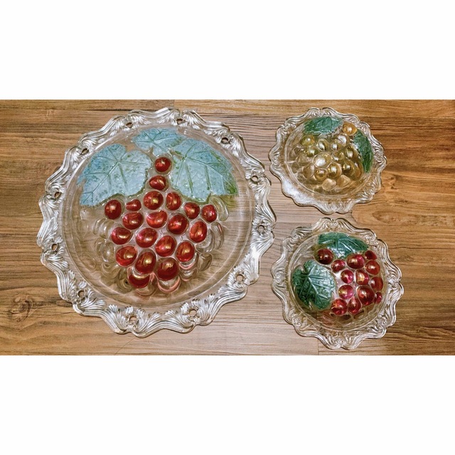 昭和レトロ　ガラス食器　デザート皿　フルーツ皿　ぶどう柄　皿セット