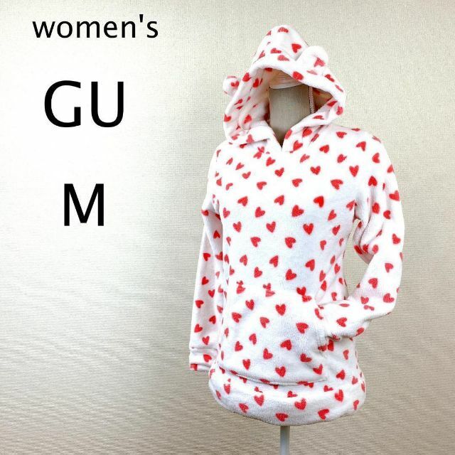 GU(ジーユー)のGU レディース　パーカー　耳フード　ハート柄　　可愛い　ルームウェア　ふわもこ レディースのトップス(Tシャツ(長袖/七分))の商品写真