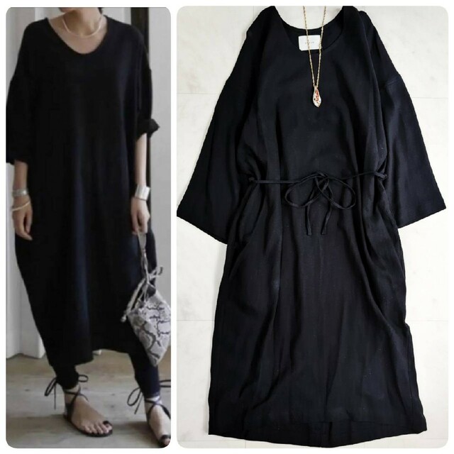 リネンargue cotton linen dress 黒