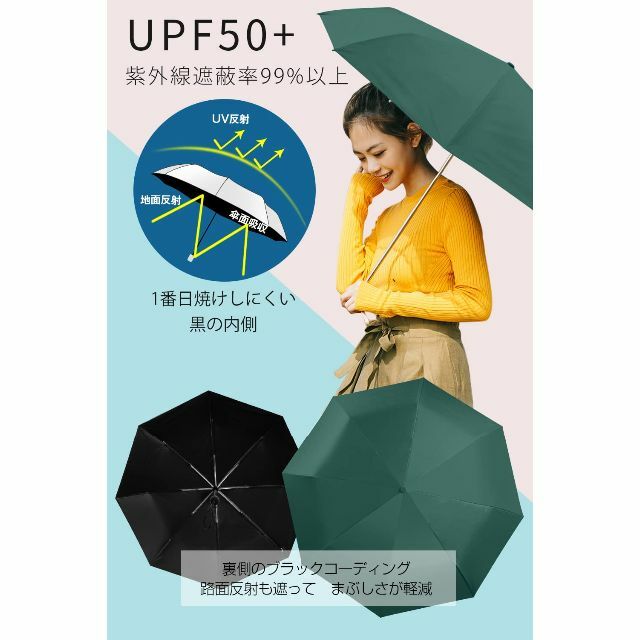 【色: グリーン】日傘 UVカット 遮光・遮熱 UPF50+ 折り畳み日傘 ワン